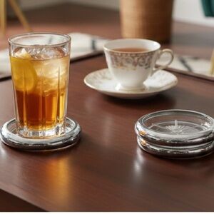 Vintage Mid-Century Glass & Metal Coasters – Set of 4 – Hollywood Regency Style